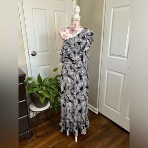 Signature Collection Black White Tropical One Shoulder Vacation Maxi Dress O/S